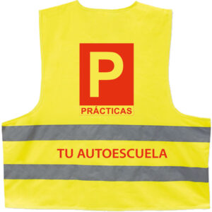Chaleco reflectante amarillo con letra P roja de prácticas para autoescuela
