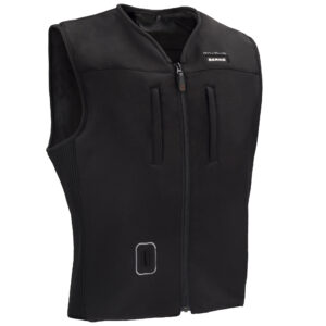 Chaleco airbag negro para motorista con diseño ergonómico y cremallera frontal.