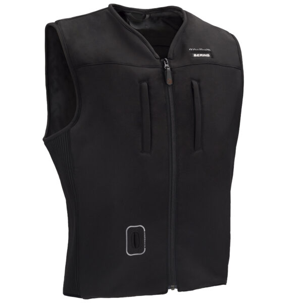 Chaleco airbag negro para motorista con diseño ergonómico y cremallera frontal.
